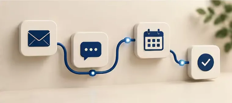Illustration of connected email, message, calendar and confirmation steps
