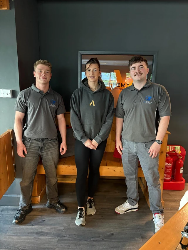 Jack and Tom with Sapphire at the Alchemy Sports Therapy website handover