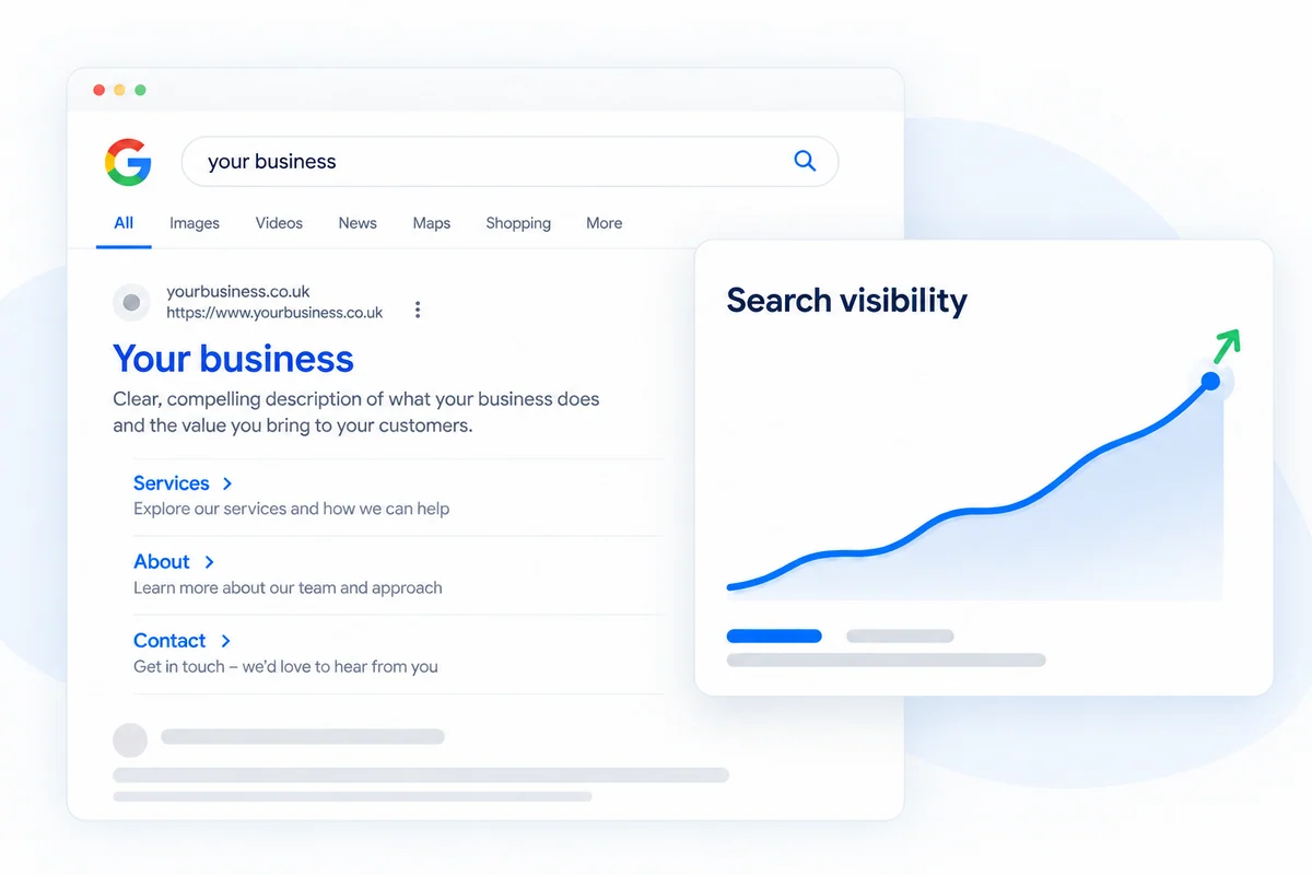 Search visibility illustration showing a local search listing and an upward trend line